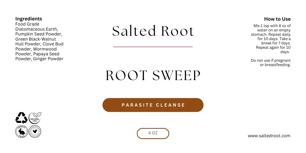 Label for Salted Root Root Sweep parasite cleanse product with ingredients and usage instructions.