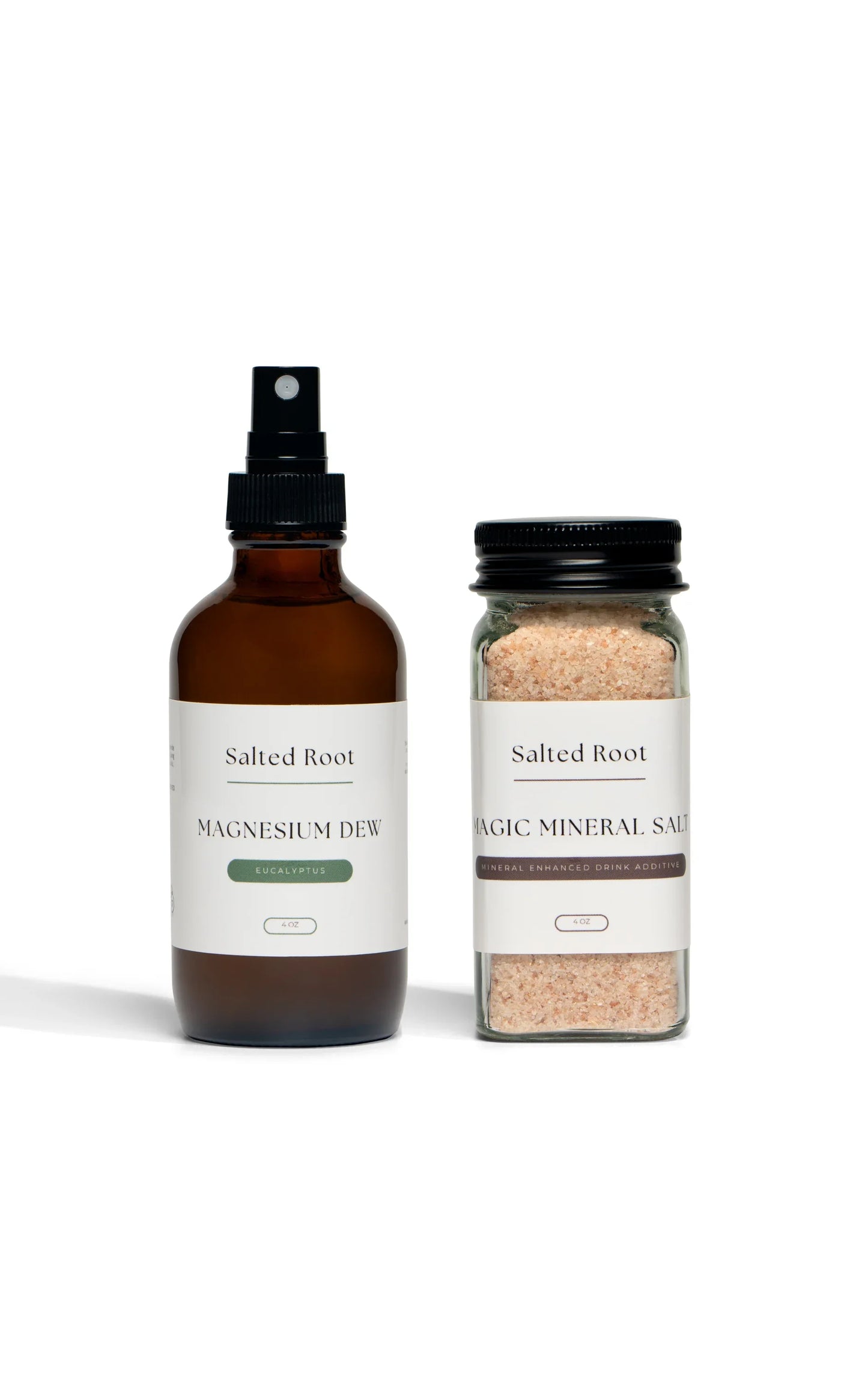 Magnesium Dew and Magic Mineral Salt from Salted Root on a white background